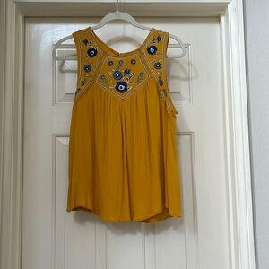 Floral embroidered tank top mustard blue gauzey button yoke Alya Francesca’s